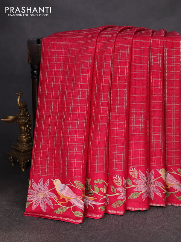 Semi tussar saree pink with allover zari checked pattern and embroidery border