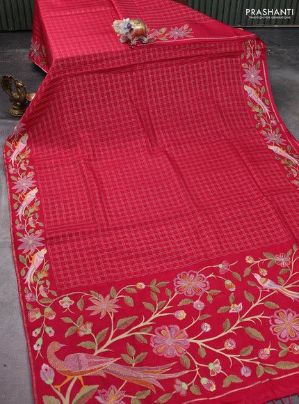 Semi tussar saree pink with allover zari checked pattern and embroidery border