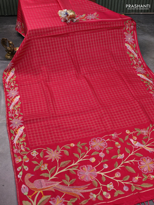 Semi tussar saree pink with allover zari checked pattern and embroidery border