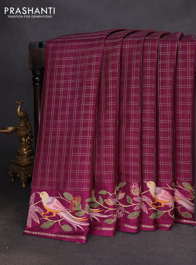 Semi tussar saree wine shade with allover zari checked pattern and embroidery border