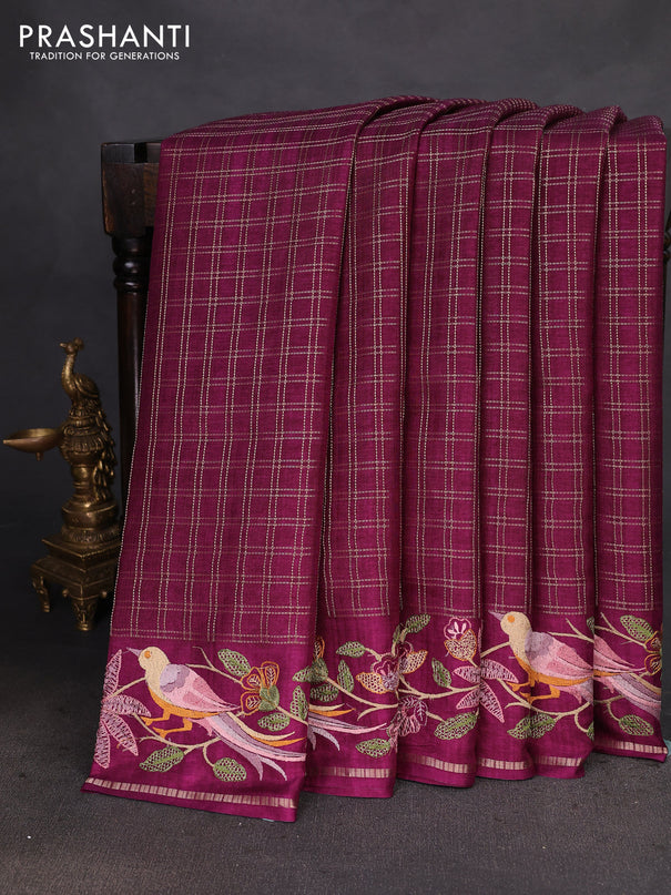 Semi tussar saree wine shade with allover zari checked pattern and embroidery border