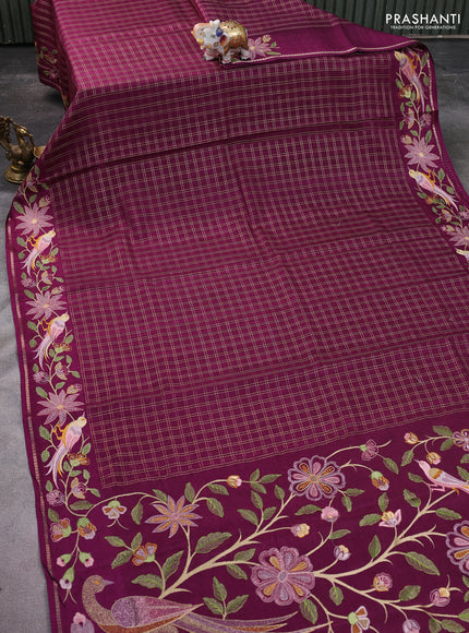 Semi tussar saree wine shade with allover zari checked pattern and embroidery border