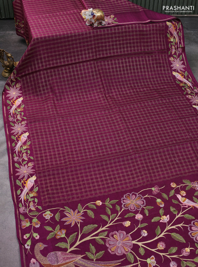 Semi tussar saree wine shade with allover zari checked pattern and embroidery border