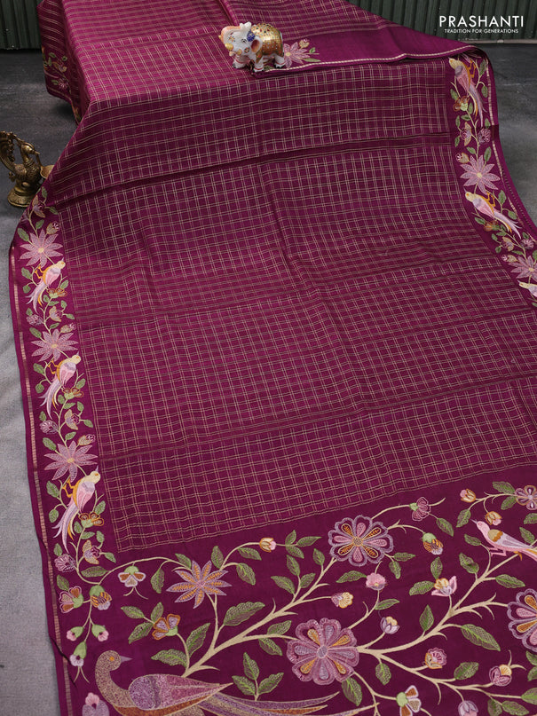 Semi tussar saree wine shade with allover zari checked pattern and embroidery border