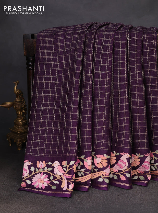 Semi tussar saree deep purple with allover zari checked pattern and embroidery border