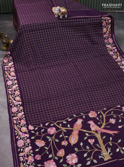 Semi tussar saree deep purple with allover zari checked pattern and embroidery border