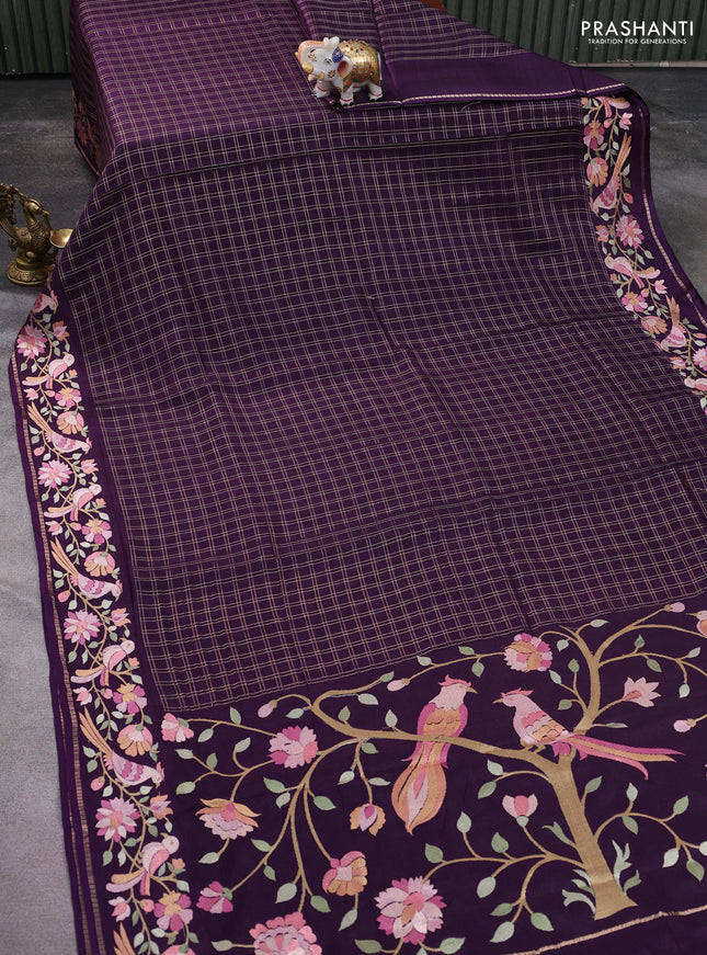 Semi tussar saree deep purple with allover zari checked pattern and embroidery border