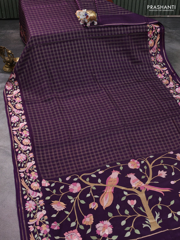 Semi tussar saree deep purple with allover zari checked pattern and embroidery border