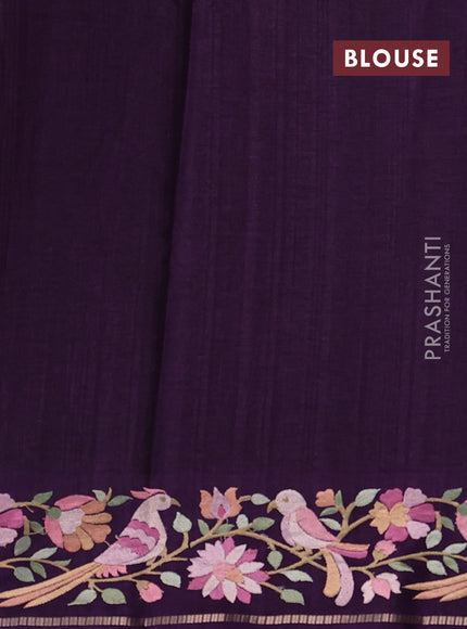 Semi tussar saree deep purple with allover zari checked pattern and embroidery border