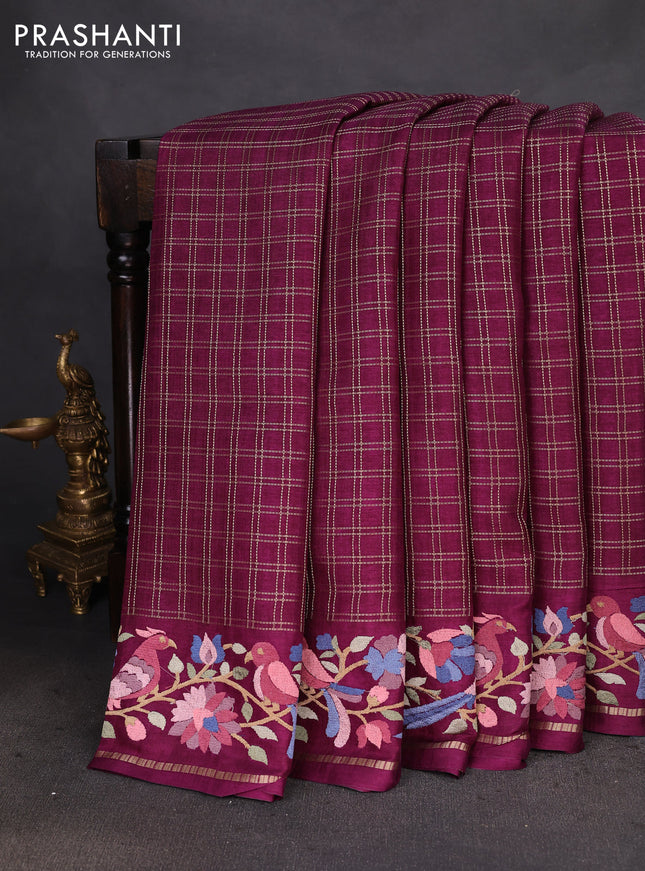 Semi tussar saree wine shade with allover zari checked pattern and embroidery border