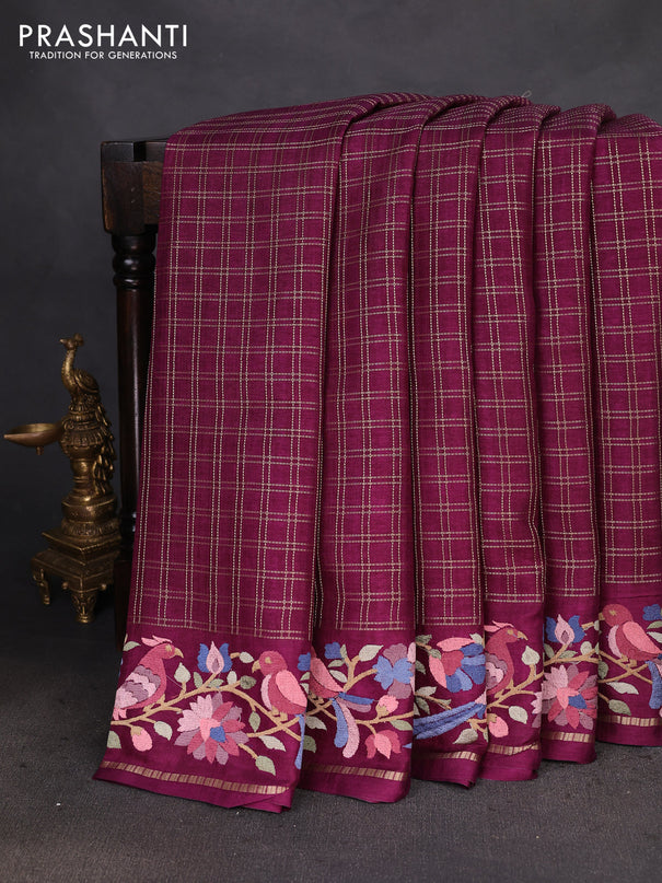 Semi tussar saree wine shade with allover zari checked pattern and embroidery border