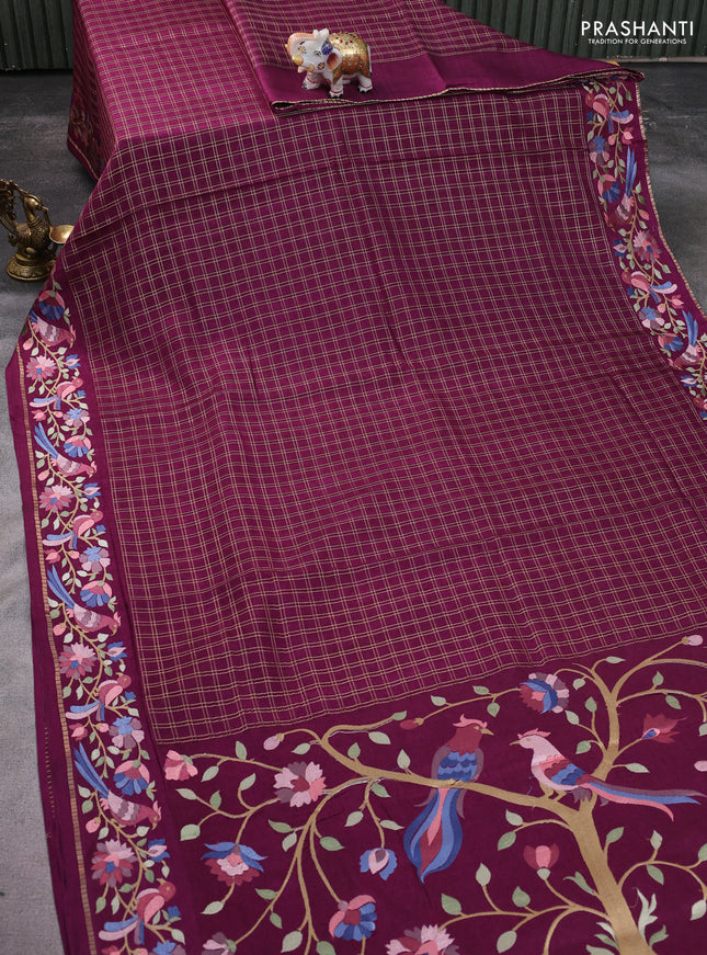 Semi tussar saree wine shade with allover zari checked pattern and embroidery border