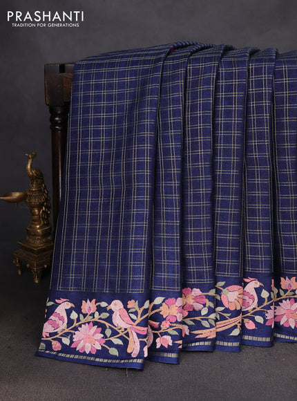 Semi tussar saree navy blue with allover zari checked pattern and embroidery border