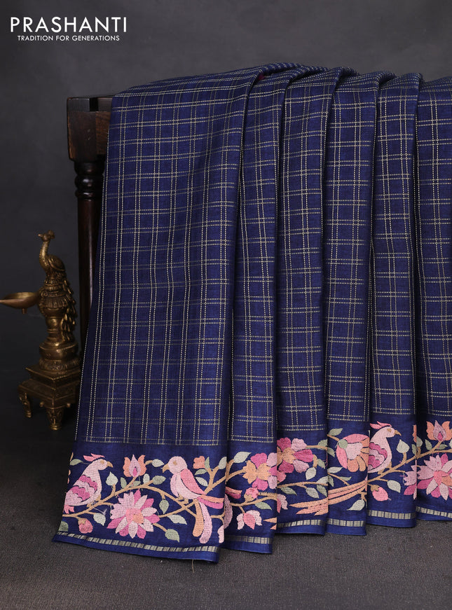 Semi tussar saree navy blue with allover zari checked pattern and embroidery border