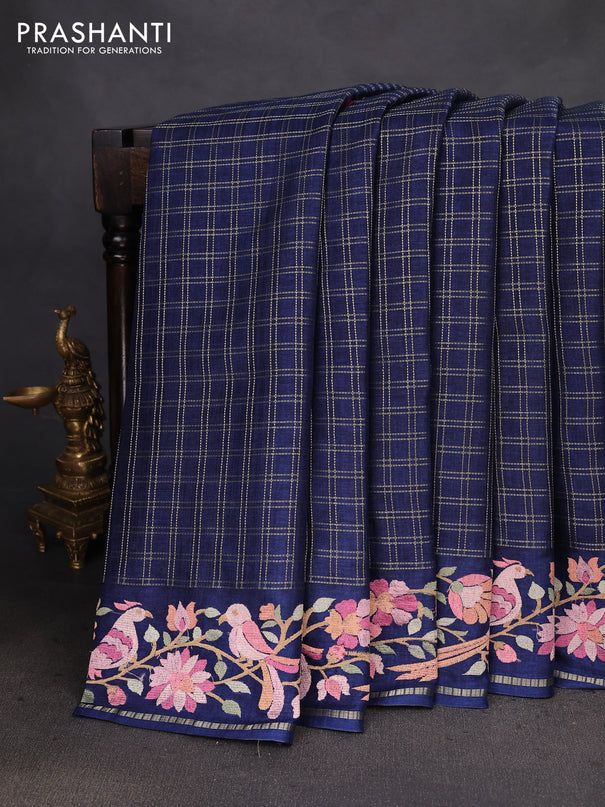 Semi tussar saree navy blue with allover zari checked pattern and embroidery border