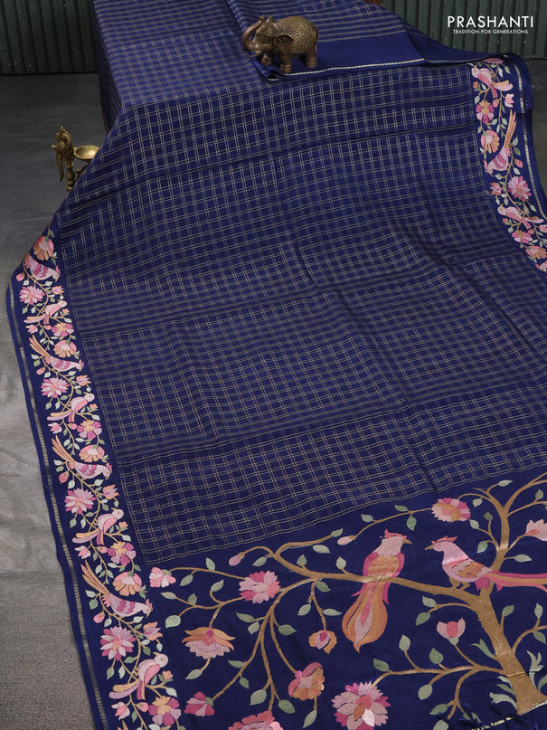 Semi tussar saree navy blue with allover zari checked pattern and embroidery border