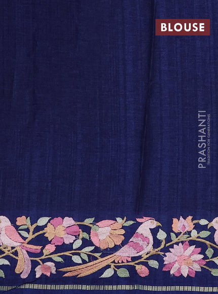 Semi tussar saree navy blue with allover zari checked pattern and embroidery border