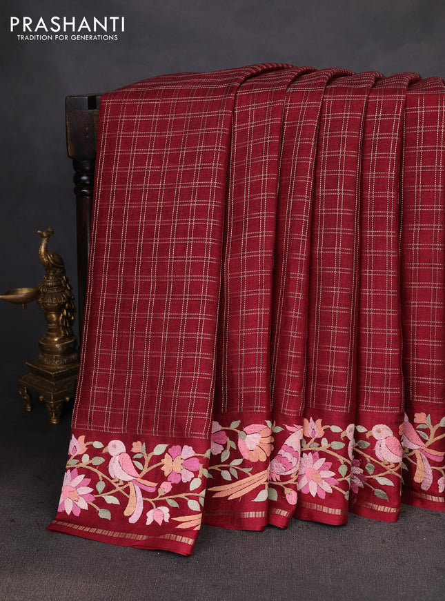 Semi tussar saree maroon with allover zari checked pattern and embroidery border
