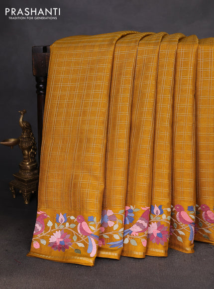 Semi tussar saree mustard yellow with allover zari checked pattern and embroidery border