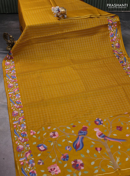 Semi tussar saree mustard yellow with allover zari checked pattern and embroidery border