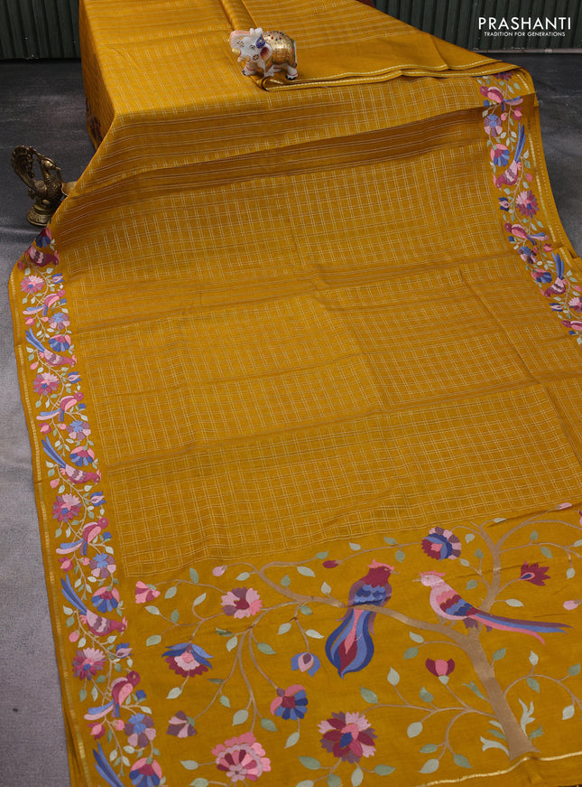 Semi tussar saree mustard yellow with allover zari checked pattern and embroidery border