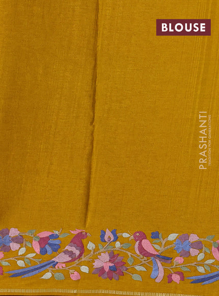 Semi tussar saree mustard yellow with allover zari checked pattern and embroidery border