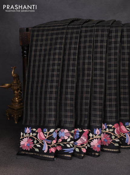 Semi tussar saree black with allover zari checked pattern and embroidery border