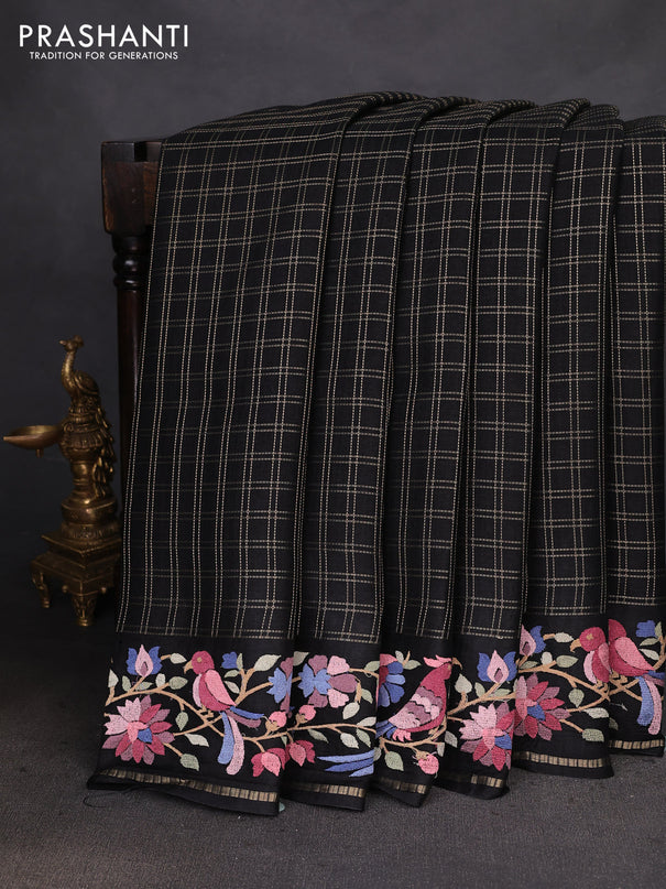 Semi tussar saree black with allover zari checked pattern and embroidery border