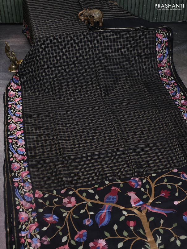 Semi tussar saree black with allover zari checked pattern and embroidery border