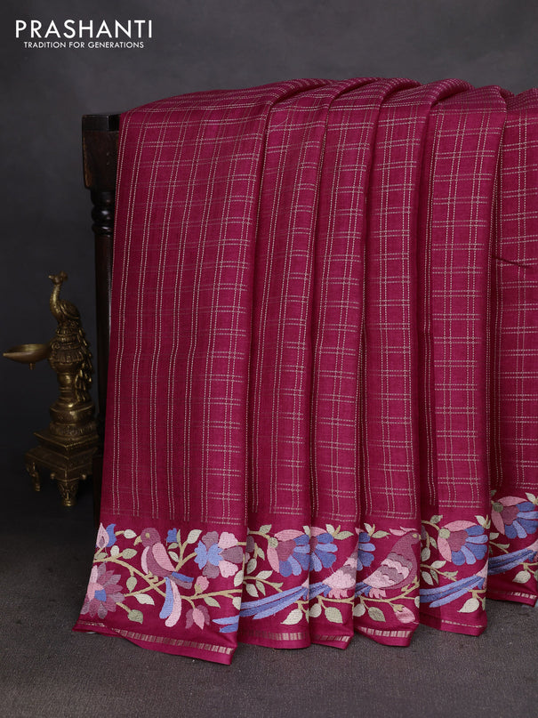 Semi tussar saree pink with allover zari checked pattern and embroidery border
