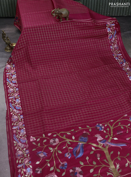 Semi tussar saree pink with allover zari checked pattern and embroidery border
