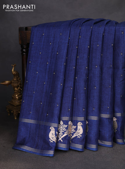 Semi tussar saree navy blue with zari woven buttas and zari woven embroidery butta border