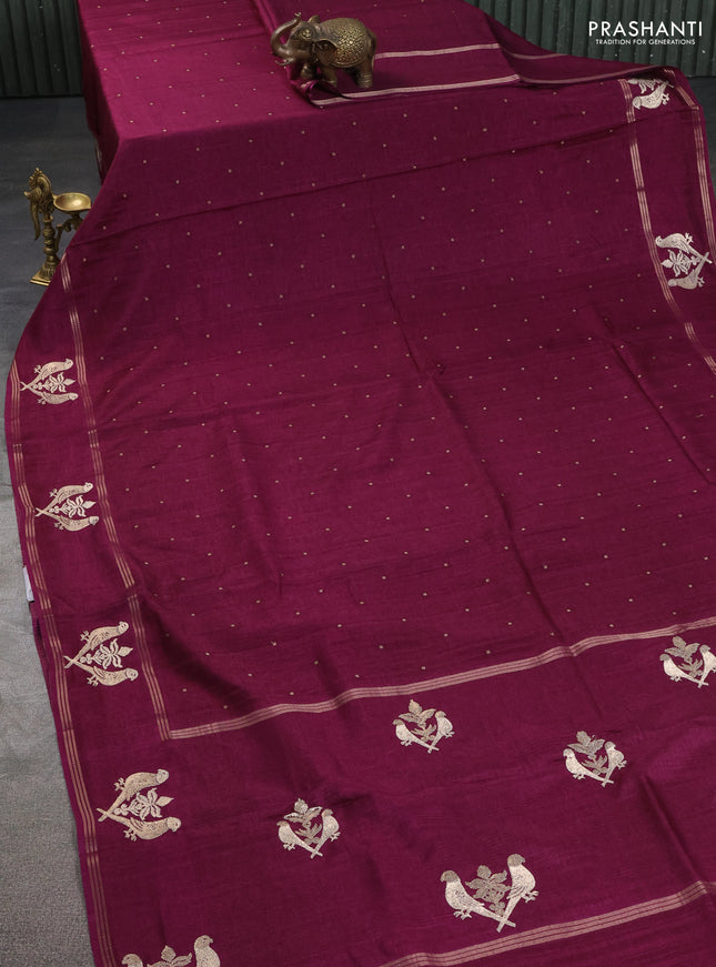 Semi tussar saree deep purple with zari woven buttas and zari woven embroidery butta border