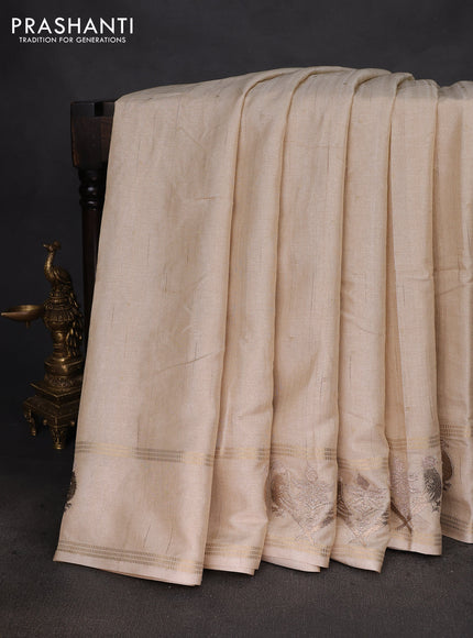 Semi tussar saree sandal with zari woven buttas and zari woven embroidery butta border