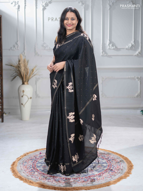 Semi tussar saree black with zari woven buttas and zari woven embroidery butta border
