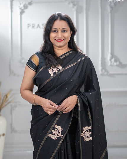 Semi tussar saree black with zari woven buttas and zari woven embroidery butta border