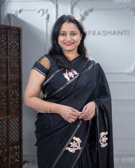 Semi tussar saree black with zari woven buttas and zari woven embroidery butta border