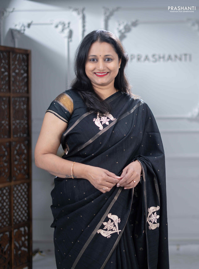 Semi tussar saree black with zari woven buttas and zari woven embroidery butta border