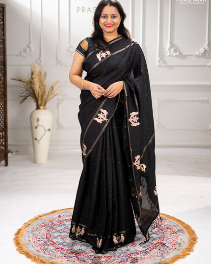 Semi tussar saree black with zari woven buttas and zari woven embroidery butta border