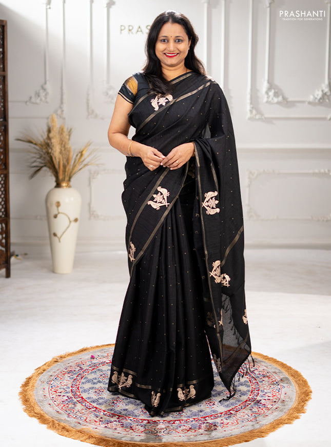 Semi tussar saree black with zari woven buttas and zari woven embroidery butta border
