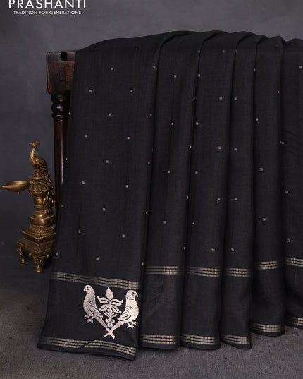 Semi tussar saree black with zari woven buttas and zari woven embroidery butta border