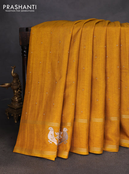 Semi tussar saree mustard yellow with zari woven buttas and zari woven embroidery butta border