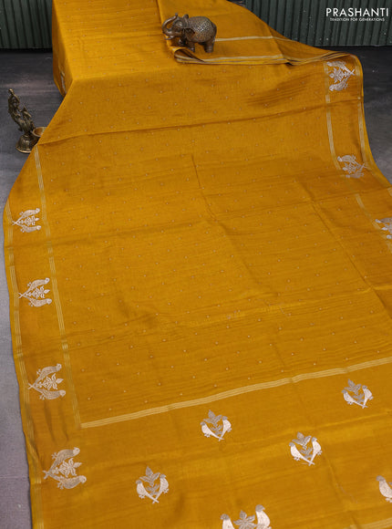 Semi tussar saree mustard yellow with zari woven buttas and zari woven embroidery butta border