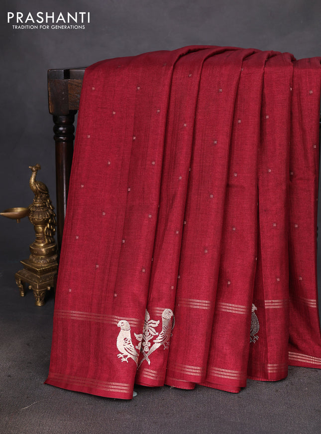 Semi tussar saree maroon with zari woven buttas and zari woven embroidery butta border