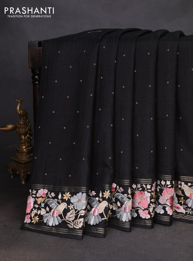 Semi tussar saree black with zari woven buttas and zari woven embroidery butta border