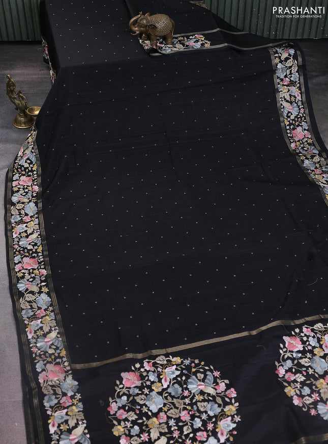 Semi tussar saree black with zari woven buttas and zari woven embroidery butta border