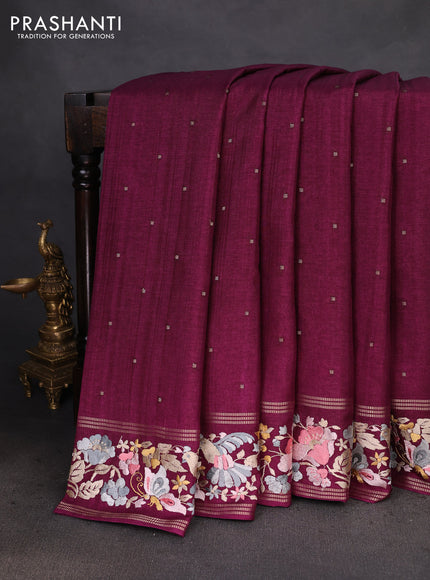 Semi tussar saree deep purple with zari woven buttas and zari woven embroidery butta border