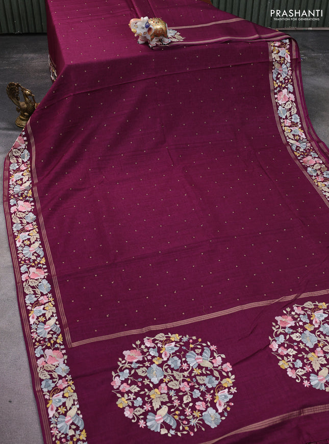 Semi tussar saree deep purple with zari woven buttas and zari woven embroidery butta border