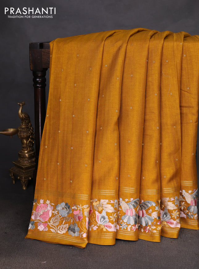 Semi tussar saree mustard yellow with zari woven buttas and zari woven embroidery butta border