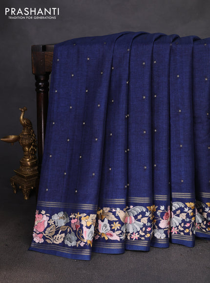 Semi tussar saree dark blue with zari woven buttas and zari woven embroidery butta border
